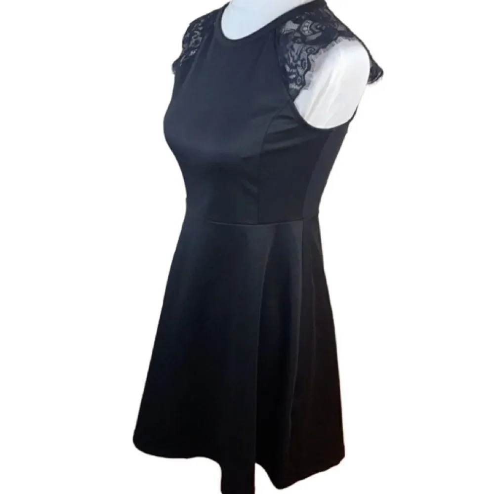 Anthropologie Elodie Fit & Flare Black Dress w/ Lace Floral Sleeves (Small) - Picture 5 of 16